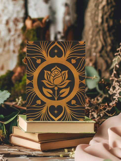 Luxury ritual card featuring golden Art Nouveau rose design on deep emerald background with heart motifs. Inside contains self-love and romance rituals. Perfect for Valentine's Day or personal spiritual practice.